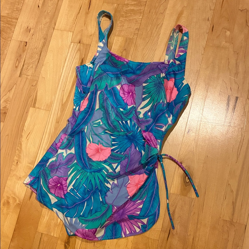 Vintage 80s Women's One Piece Swimsuit with sarong attached built in bra